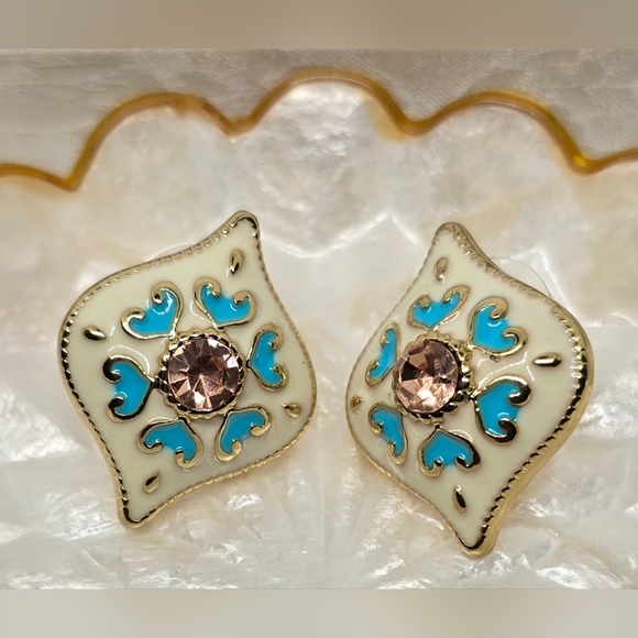Jewelry - Vintage Style Enamel, Rhinestone Gold Tone Earrings